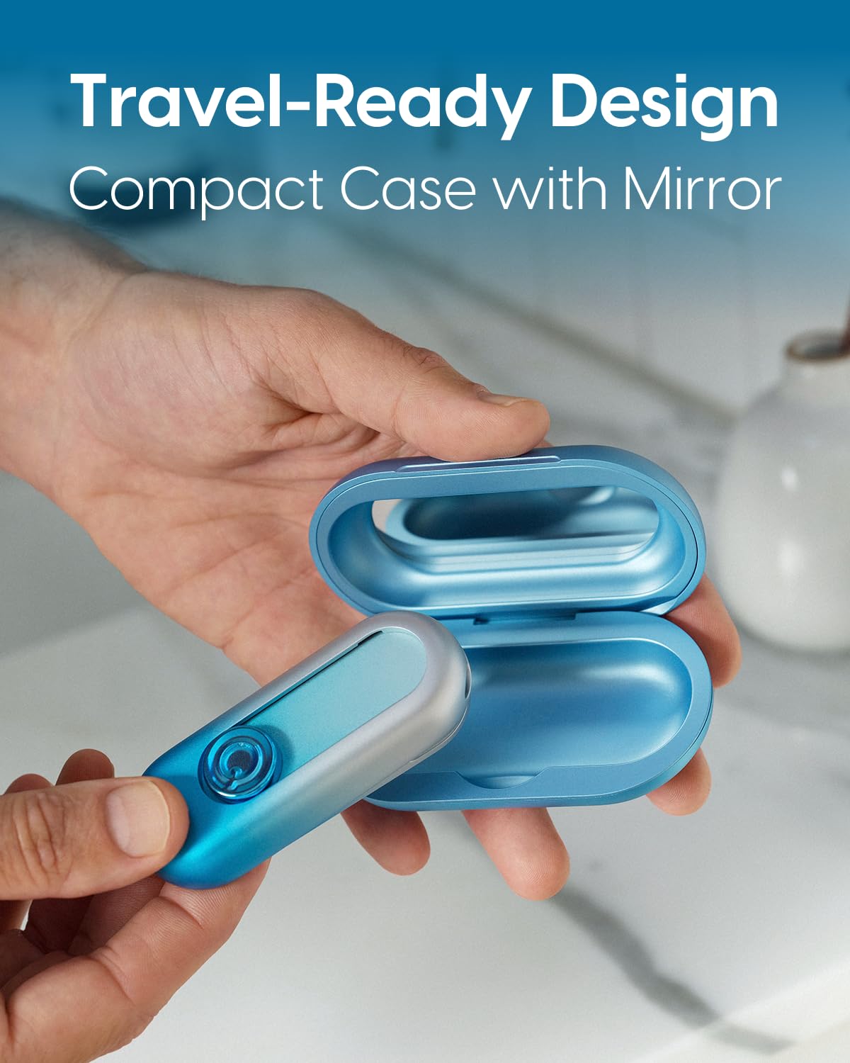 User flossing with QicoBay UpFlosser P1 Glacier Blue