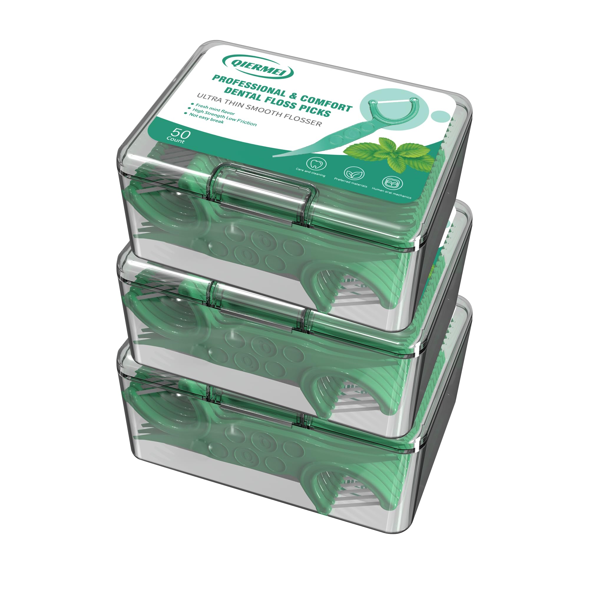 Box packaging of QIERMEI Professional Dental FlossPicks 50 count