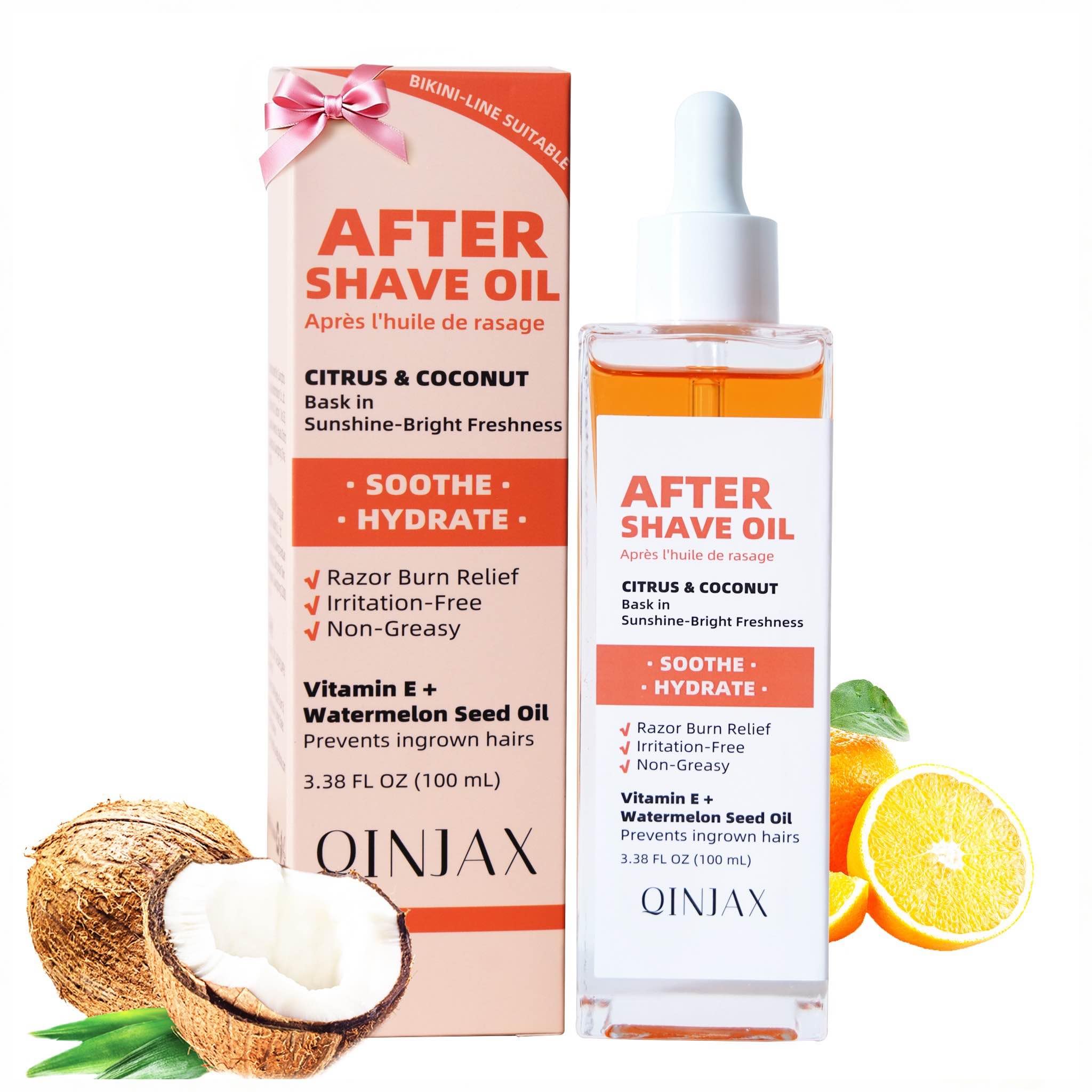 QINJAX After Shave Oil bottle with citrus coconut scent for refreshed post-shave skin.