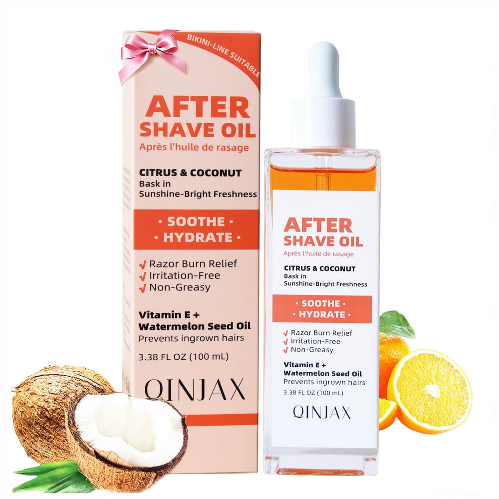 QINJAX After Shave Oil bottle with citrus coconut scent for refreshed post-shave skin.