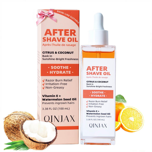QINJAX After Shave Oil bottle with citrus coconut scent for refreshed post-shave skin.