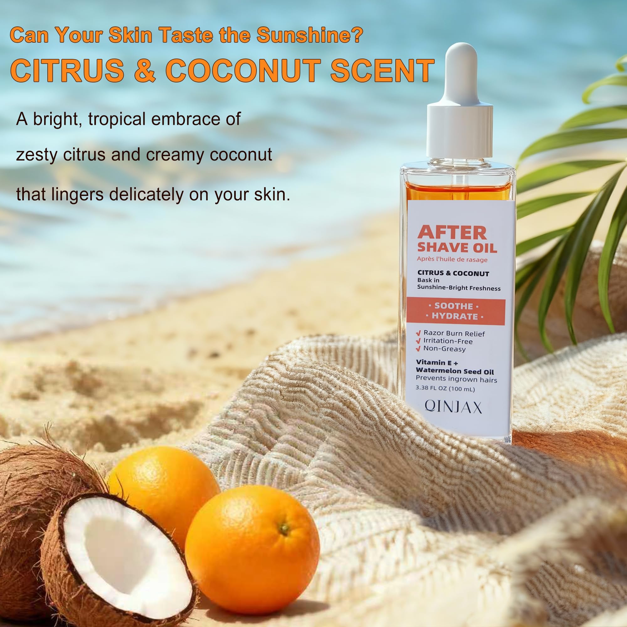 QINJAX packaging featuring tropical fragrance and hydrating formula.