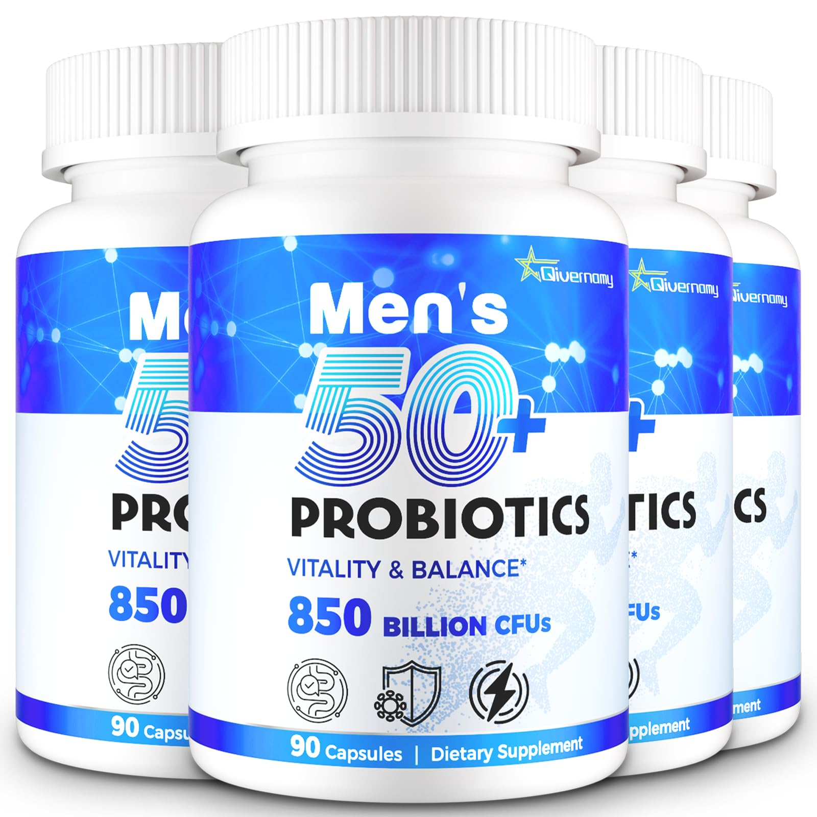 QIVERNAMY Probiotics 50+ bottle front promoting daily gut support for men over 50