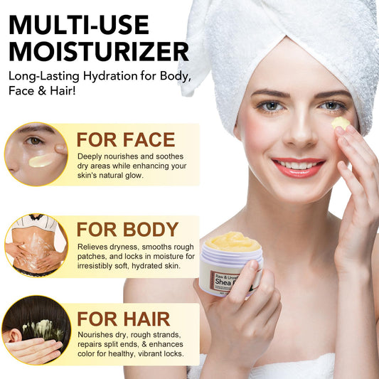 QJCWXIAOX shea butter ingredients highlighted with vitamins A, E and F for nourishment.