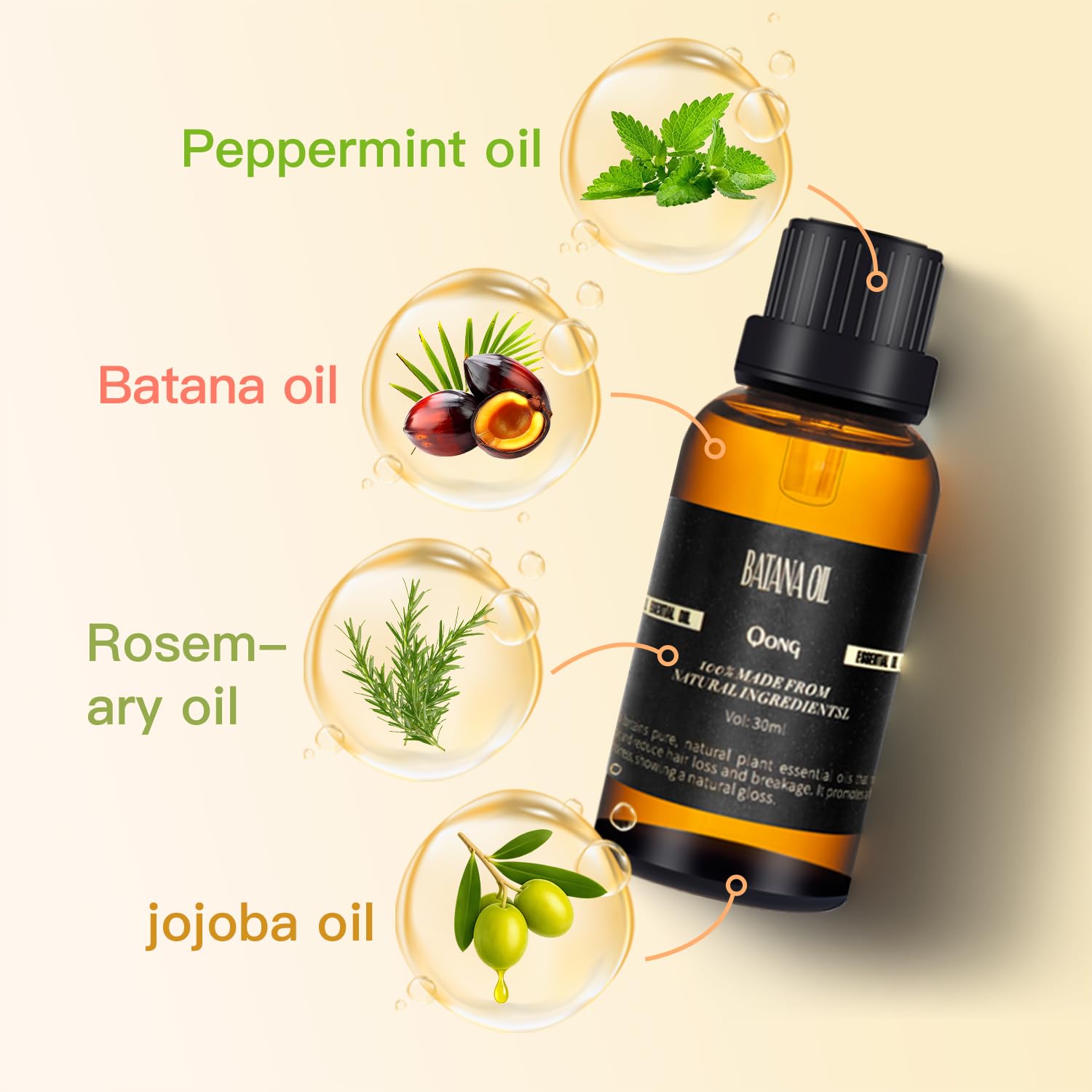 QONG Batana Oil Blend ingredients featuring batana, rosemary, coconut oils for hair and skin care.