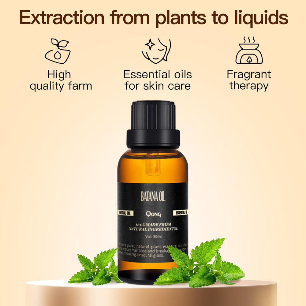 QONG Batana Oil Blend on scalp promotes gentle care.