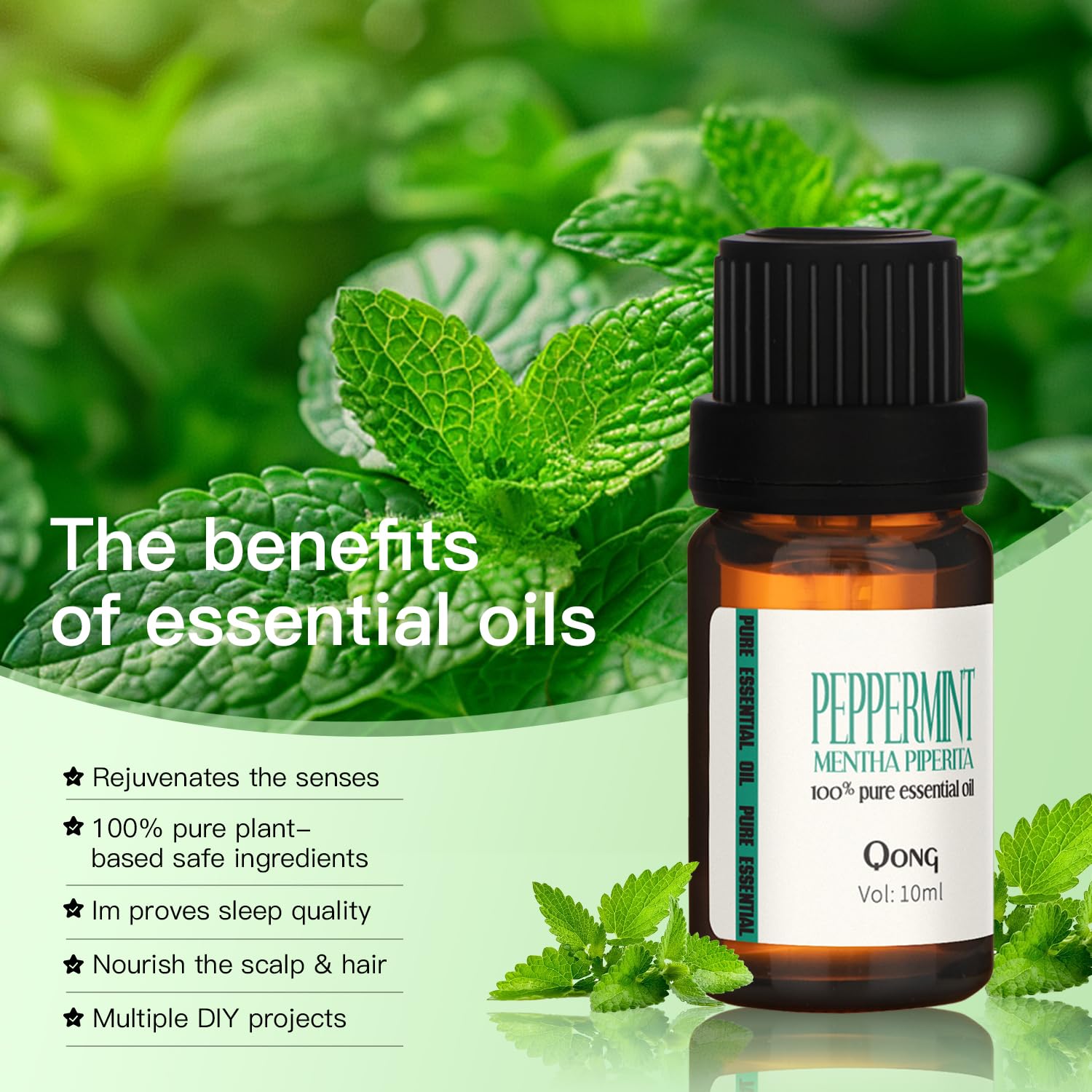 Peppermint leaves beside the essential oil bottle for diffuser use