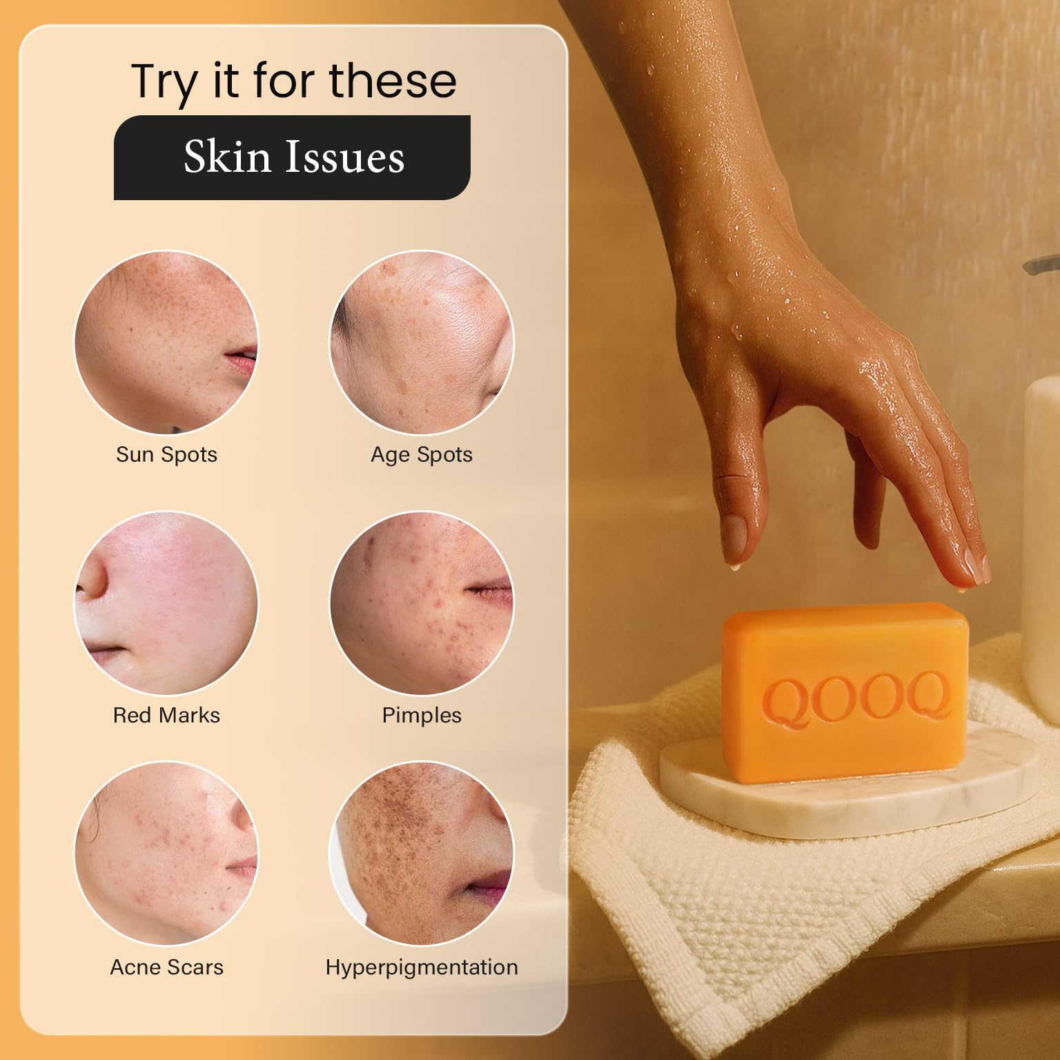 QOOQ Turmeric Kojic Acid Soap gift-ready packaging on vanity