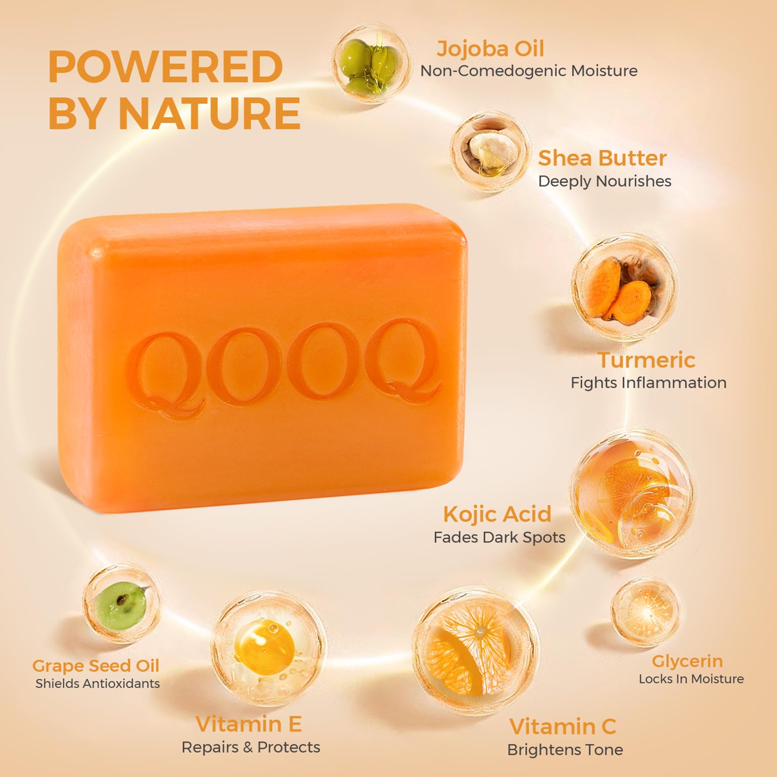 QOOQ Turmeric Kojic Acid Soap ingredients close-up showing turmeric and kojic acid