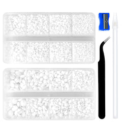 QPRETTY DU box of white rhinestones with tools, ideal for organized crafting projects.