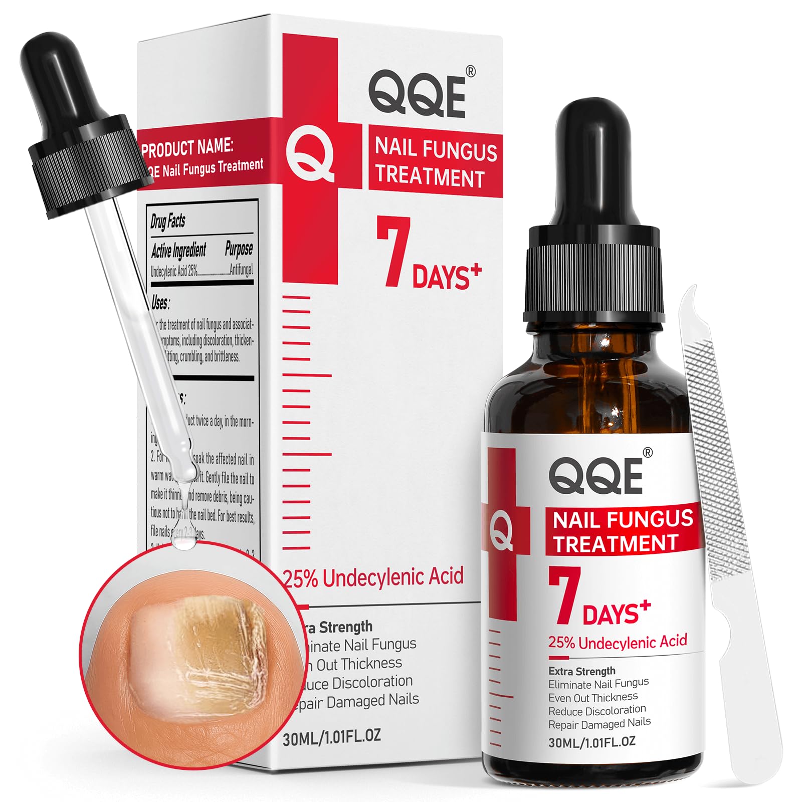 QQE Nail Fungus Treatment bottle shows 25% undecylenic acid for stronger-looking nails.