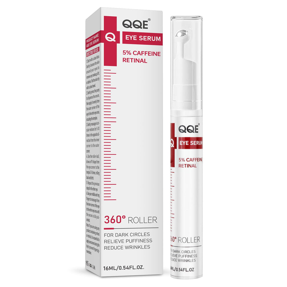 QQE retinol caffeine eye serum roller and cooling application around the eyes