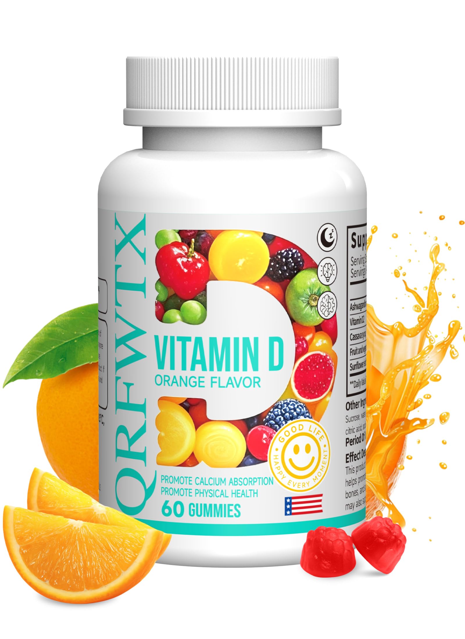 Front view of QRFWTX Vitamin D Gummies orange bottle