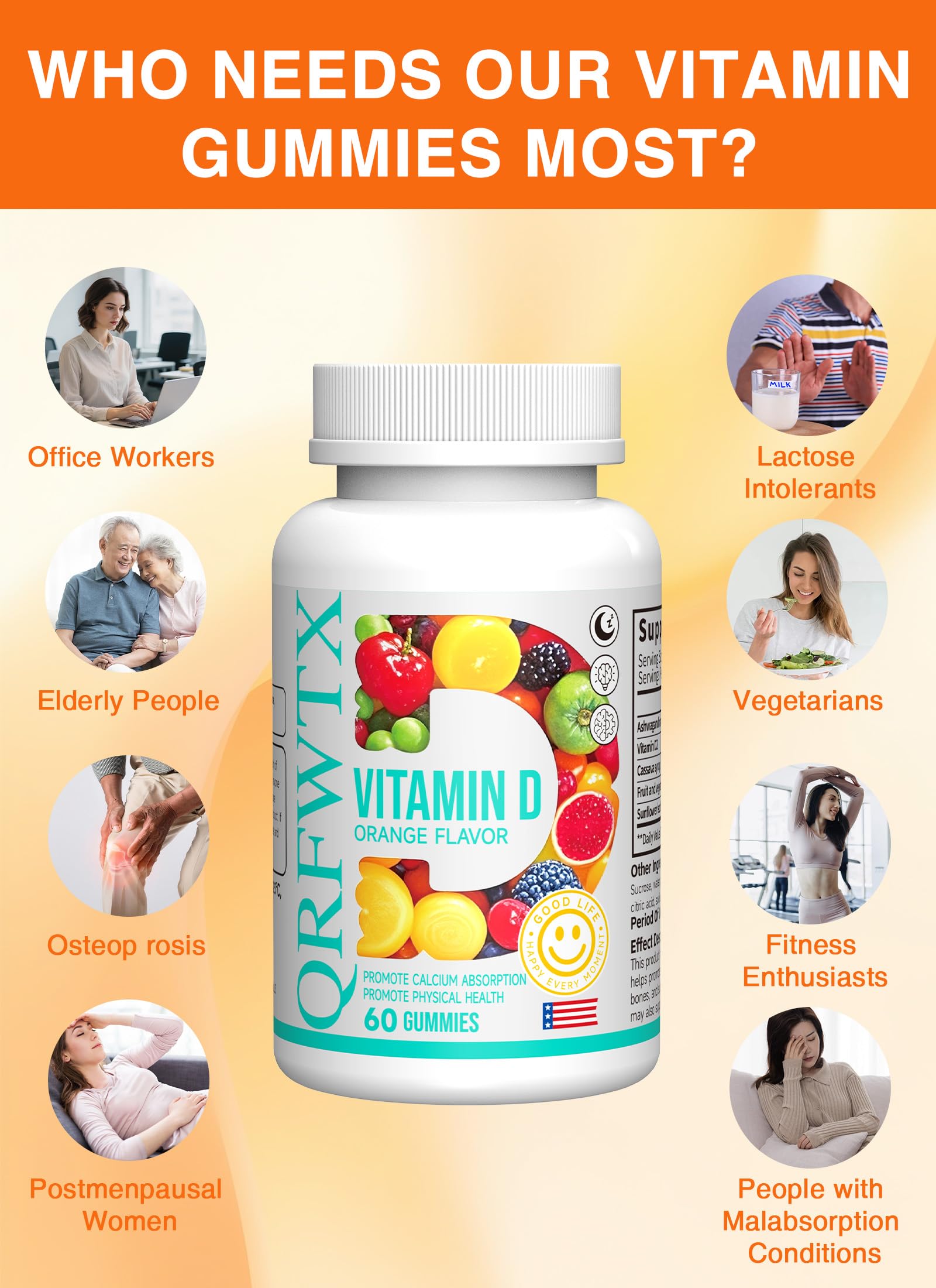 Orange-flavored Vitamin D2 gummies in bottle