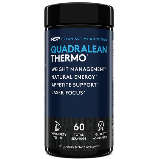 QuadraLean Thermo bottle and packaging on a white background