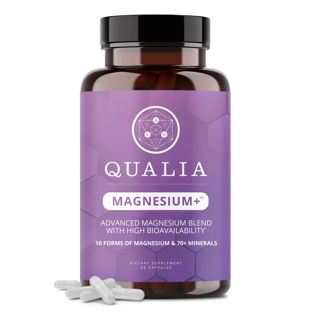 Qualia Magnesium+ bottle top view highlights premium formula for calm mood and focus.