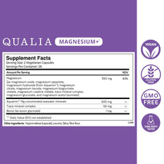 Qualia Magnesium+ capsules closeup showing varied magnesium forms for relaxation support.