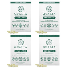 Qualia Senolytic bottle close-up with capsules supporting daily wellness.