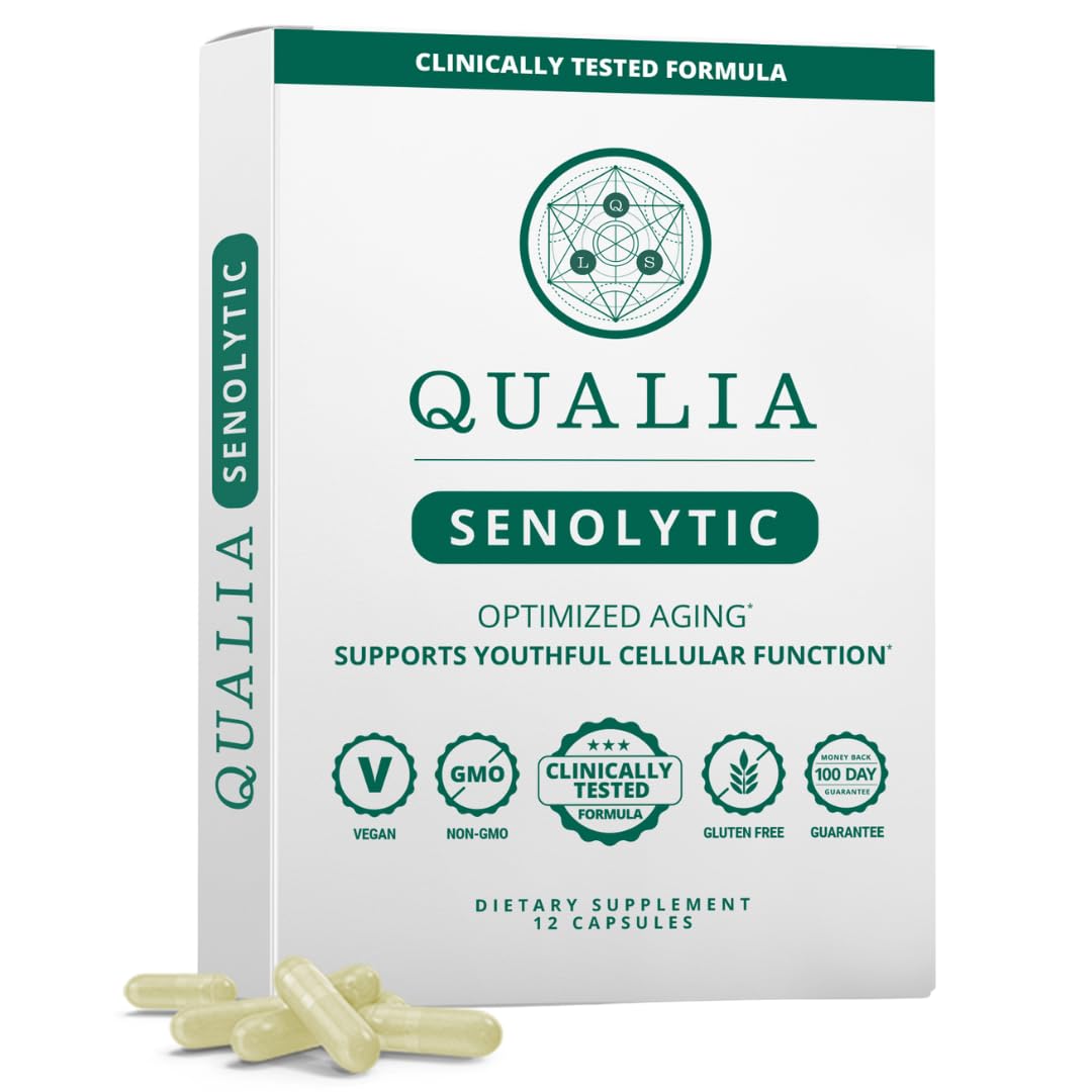 Qualia Senolytic hero image featuring the formula bottle