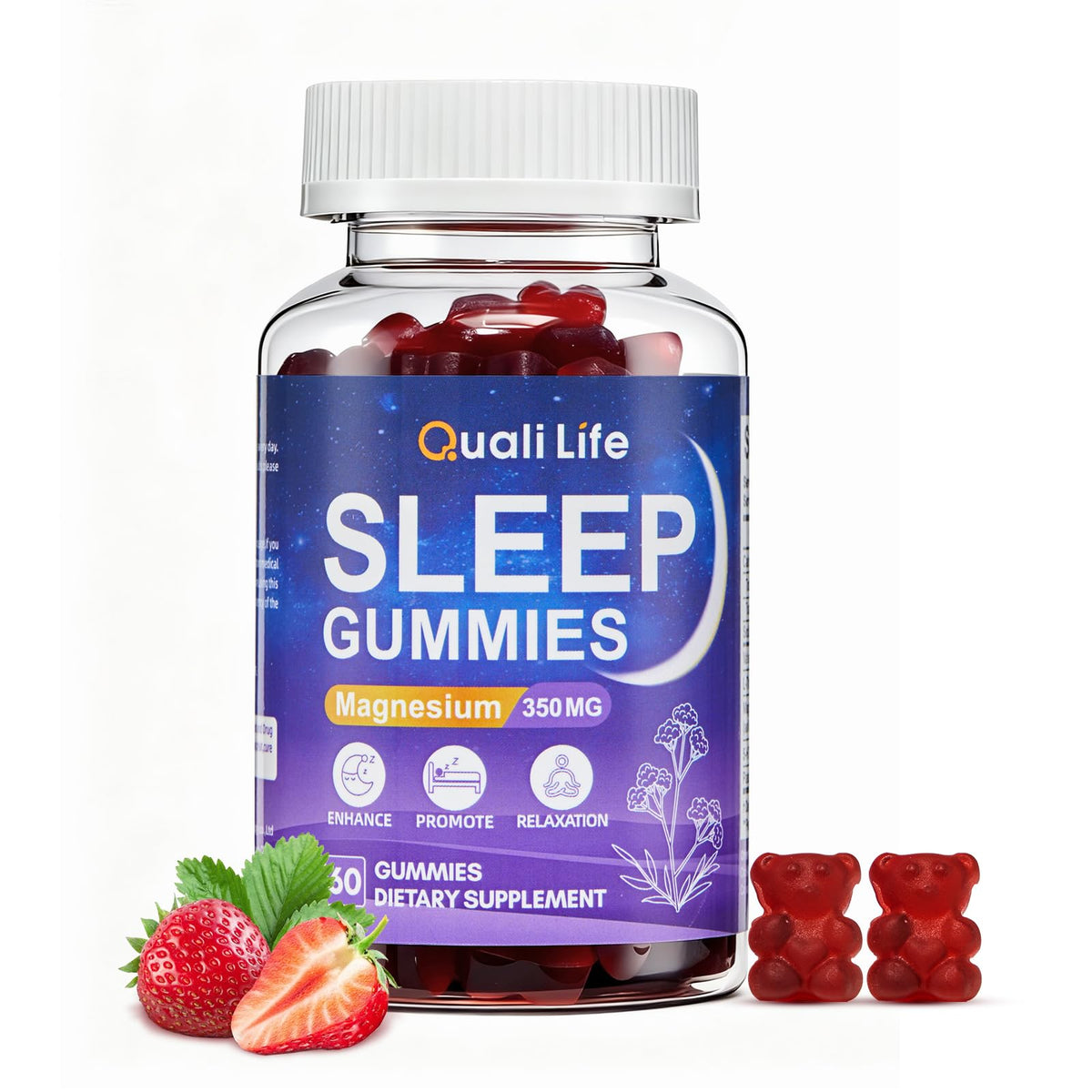 QualiLife Melatonin-Free Sleep Gummies bottle on white background