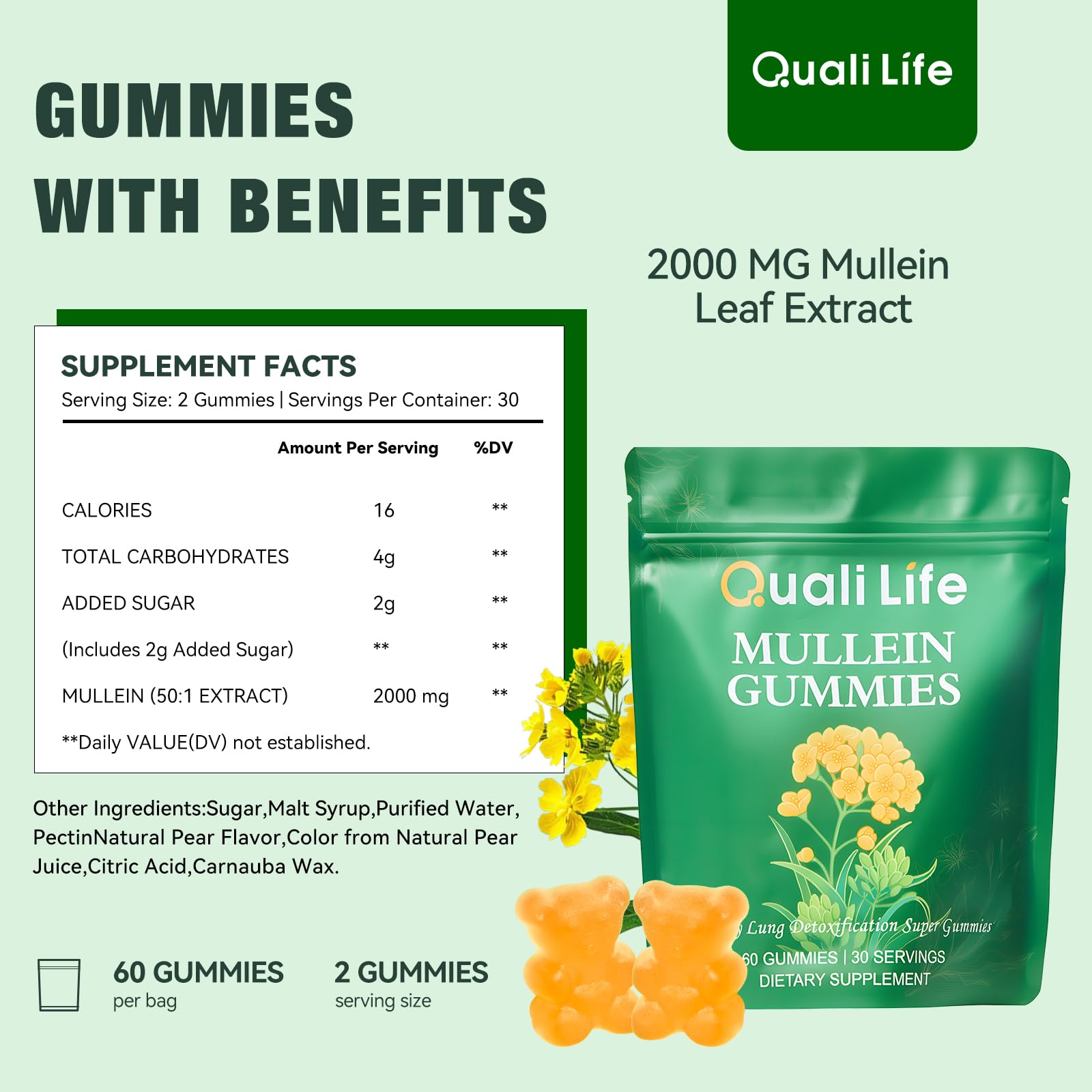 QualiLife Mullein Gummies pear flavor packaging box