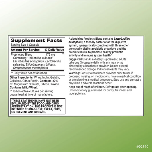 Bottle of probiotic capsules showing citrus-derived fiber