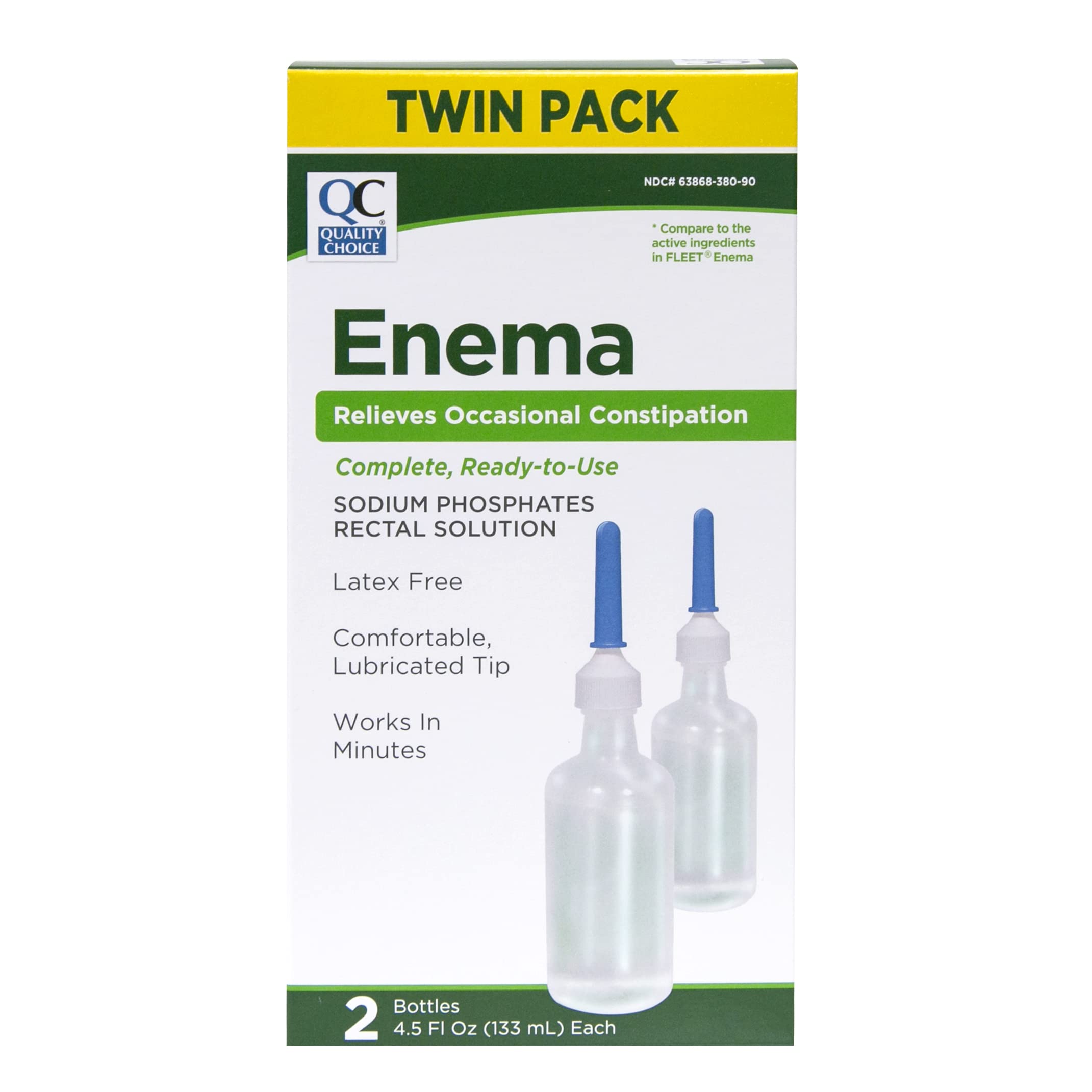 Quality Choice Enema Twin Pack packaging shows ready-to-use delivery for quick relief.