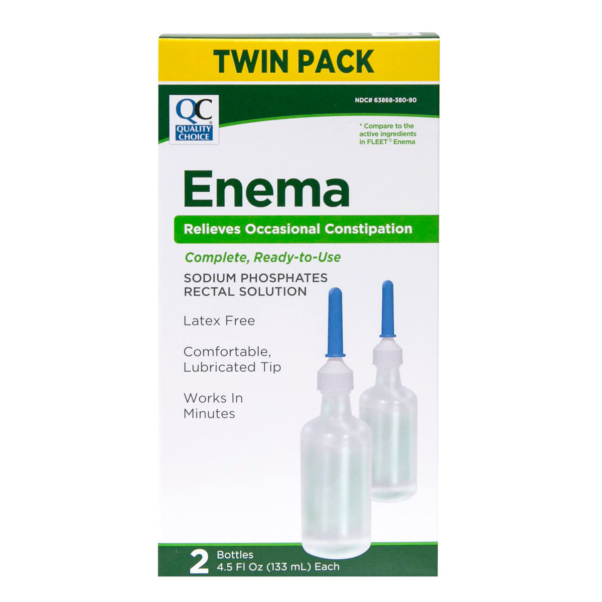 Quality Choice Enema Twin Pack packaging shows ready-to-use delivery for quick relief.