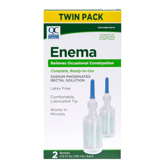 Quality Choice Enema Twin Pack packaging shows ready-to-use delivery for quick relief.