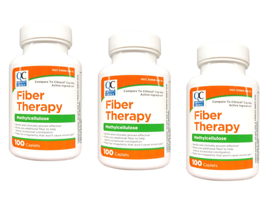 Quality Choice Fiber Therapy bottle and packaging - pack of 3 (100 caplets each)