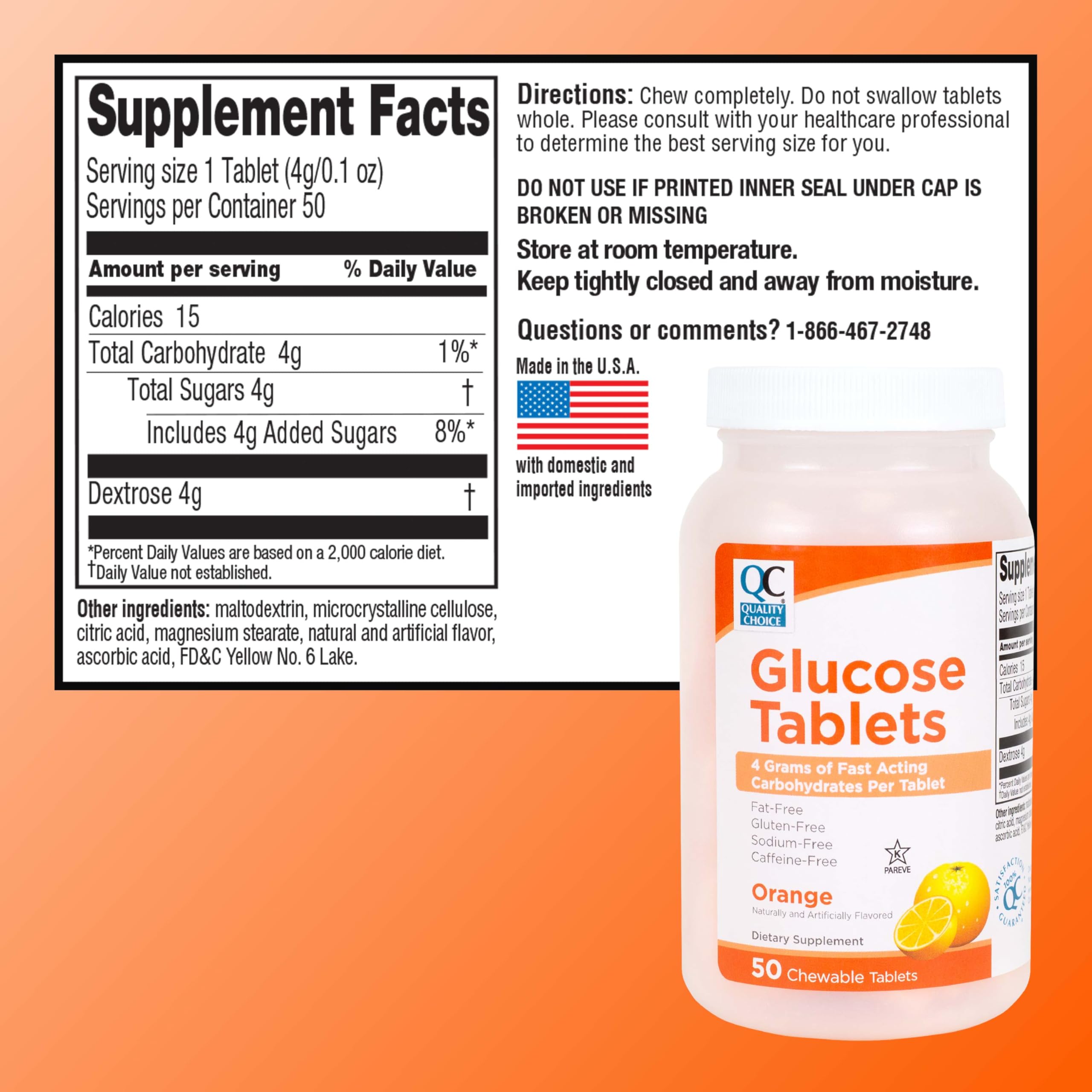 Packaging of Quality Choice fast acting glucose tablets orange flavor 50 count