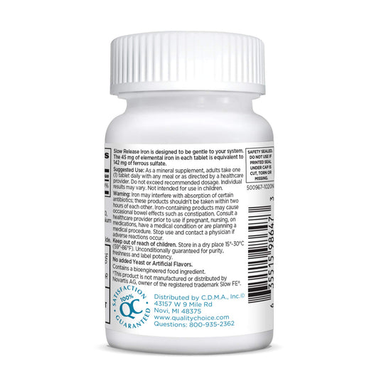 Slow release iron tablets packaging showing 45 mg potency