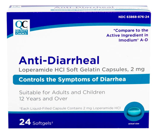 Quality Choice loperamide softgel bottle for quick diarrhea symptom relief during travel