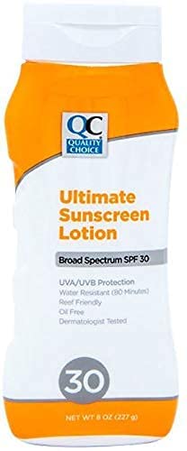 Quality Choice Ultimate Sunscreen SPF 30 Lotion bottle shown for daily protection and easy use.