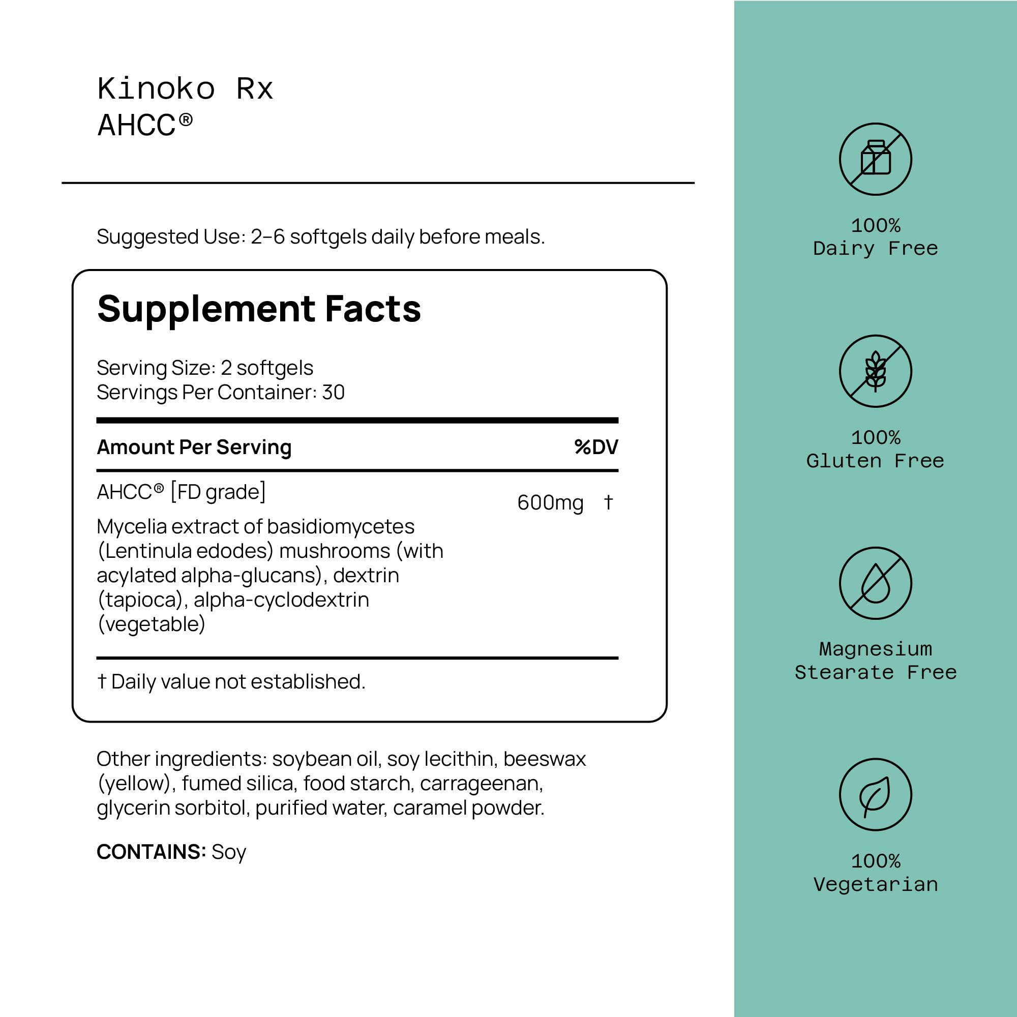 Close-up of AHCC Rx 60 softgels bottle label