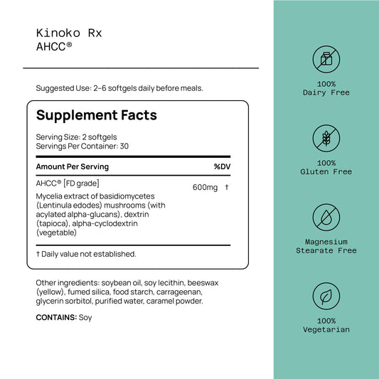 Close-up of AHCC Rx 60 softgels bottle label