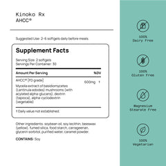 Close-up of AHCC Rx 60 softgels bottle label