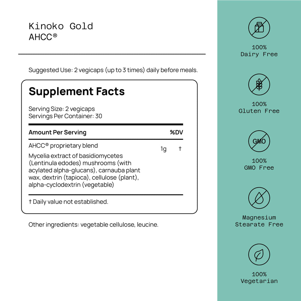 Quality of Life Kinoko Gold AHCC capsules close up for daily use.