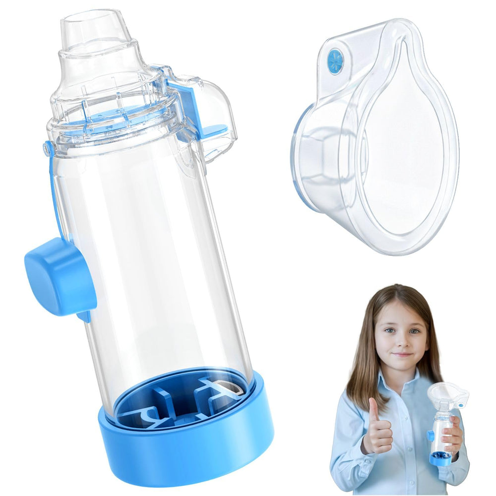 Quanler Nessi soft silicone spacer kids blue in use for comfortable inhalation sessions