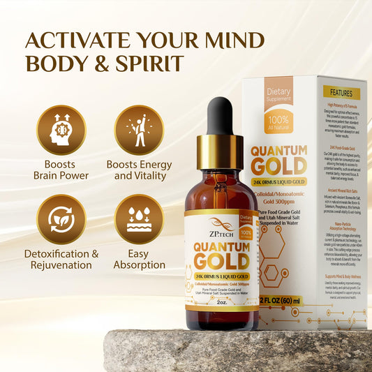 Quantum Gold Liquid Ormus 24K bottle shown from side