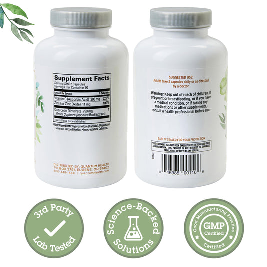 Close-up of Quercetin, Vitamin C and Zinc blend on label