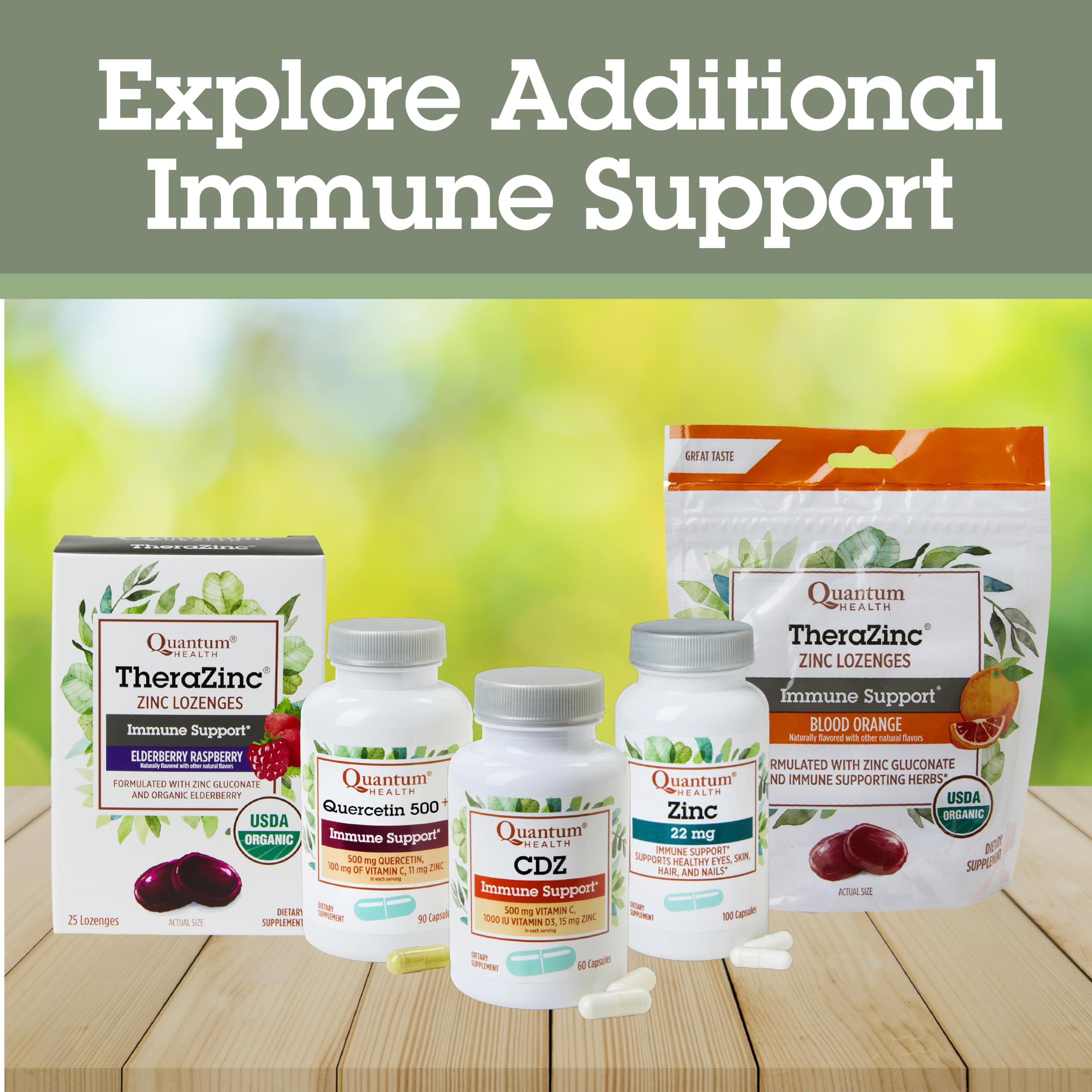 Natural wellness product line featuring Quercetin and antioxidants
