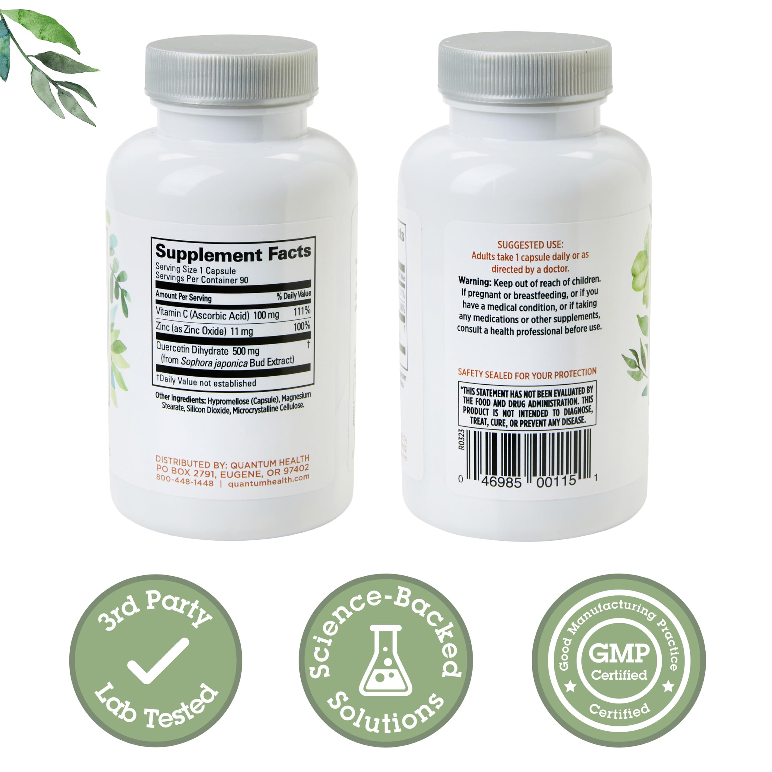 Back label of Quercetin+ 500mg bottle showing ingredients