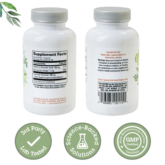 Back label of Quercetin+ 500mg bottle showing ingredients