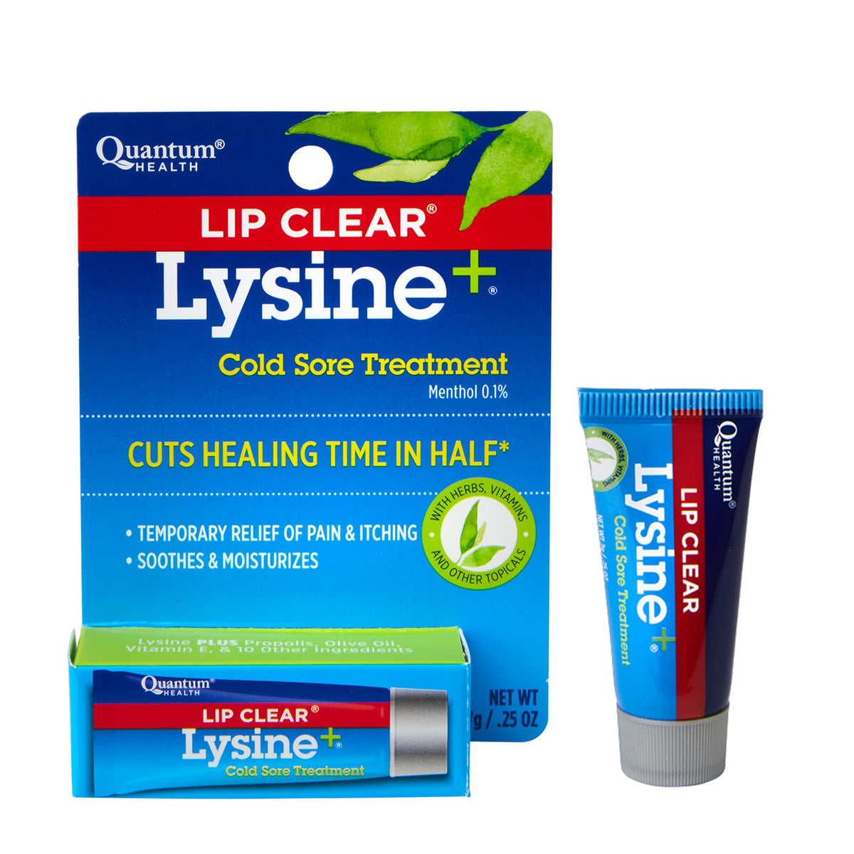 Quantum Lip Clear Lysine+ ointment tube ready for on-the-go cold sore care.