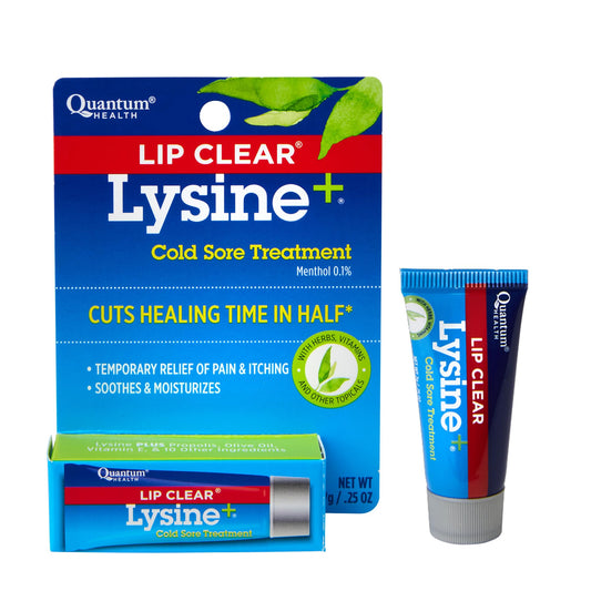 Quantum Lip Clear Lysine+ ointment tube ready for on-the-go cold sore care.