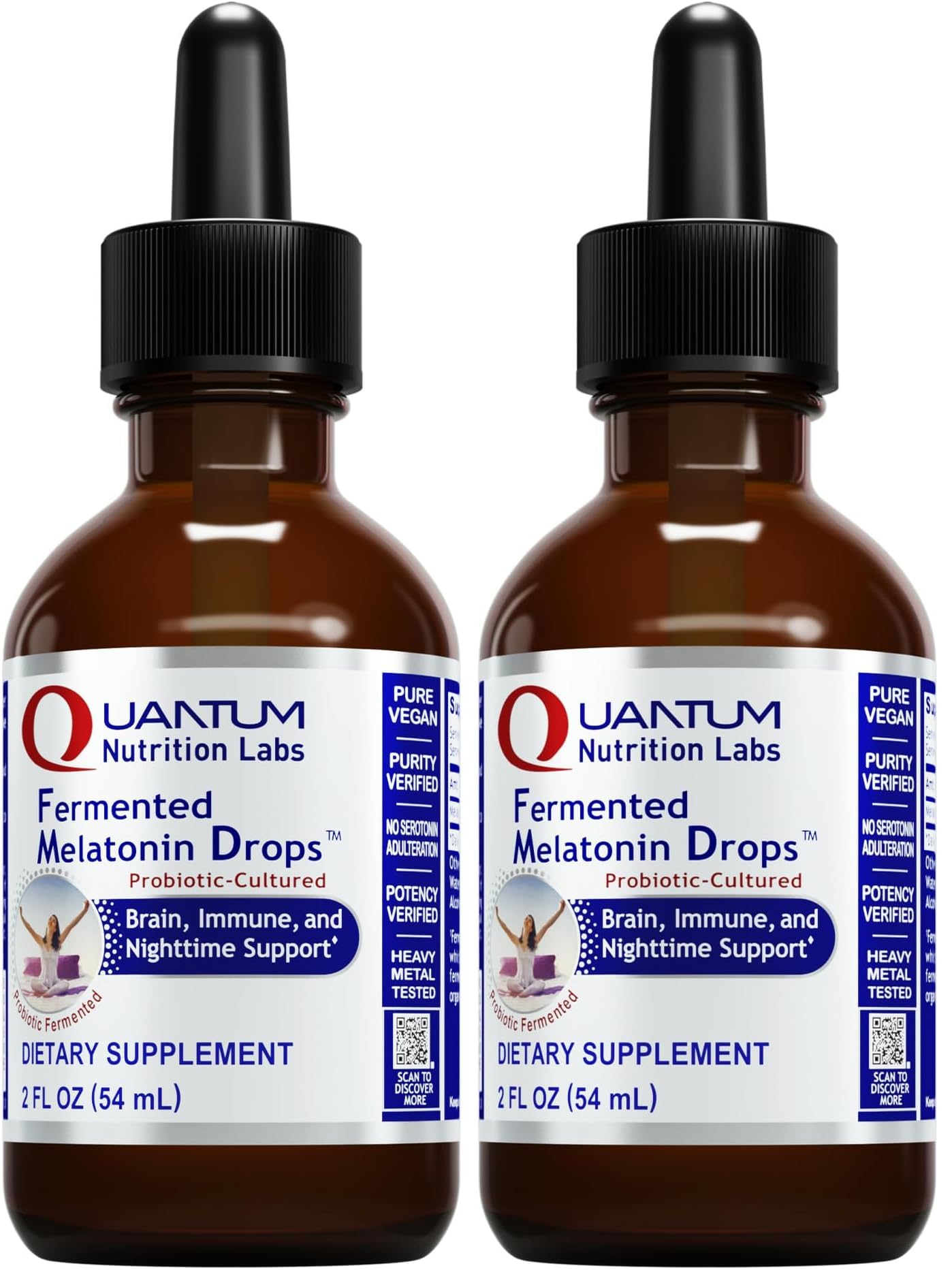 Amber glass bottle of Fermented Melatonin Drops with 2 oz pack of 2