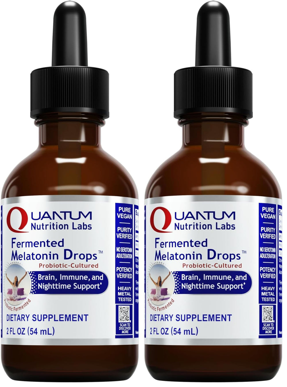 Amber glass bottle of Fermented Melatonin Drops with 2 oz pack of 2