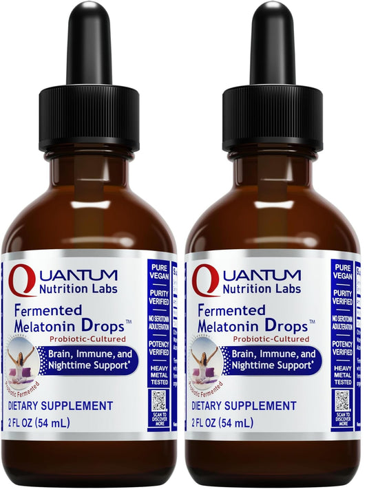 Amber glass bottle of Fermented Melatonin Drops with 2 oz pack of 2