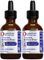 Amber glass bottle of Fermented Melatonin Drops with 2 oz pack of 2